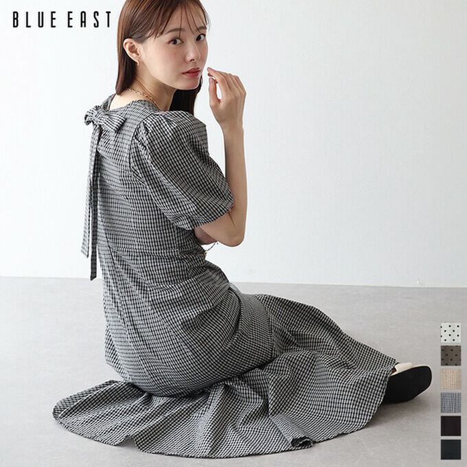 日本 BLUE EAST - 優雅方領後綁帶泡泡袖魚尾洋裝-素面-黑 (M)