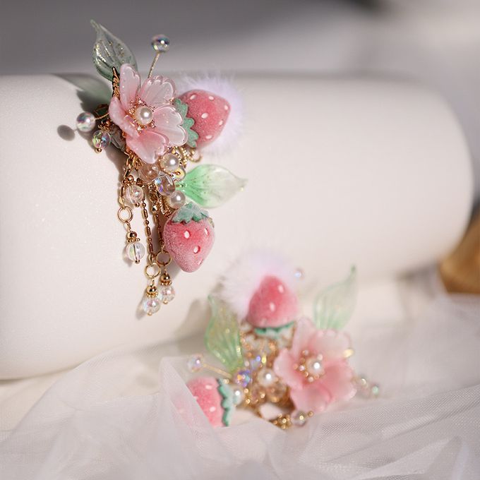 草莓毛球吊墜髮飾髮夾 古風漢服髮飾