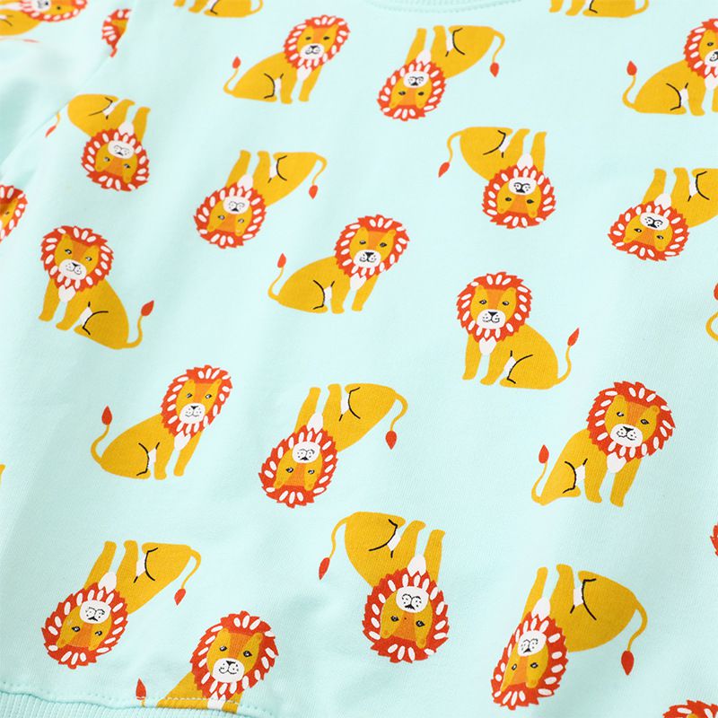 Jumping meters - 圓領棉質長袖上衣/大學T-滿滿獅子-藍綠色