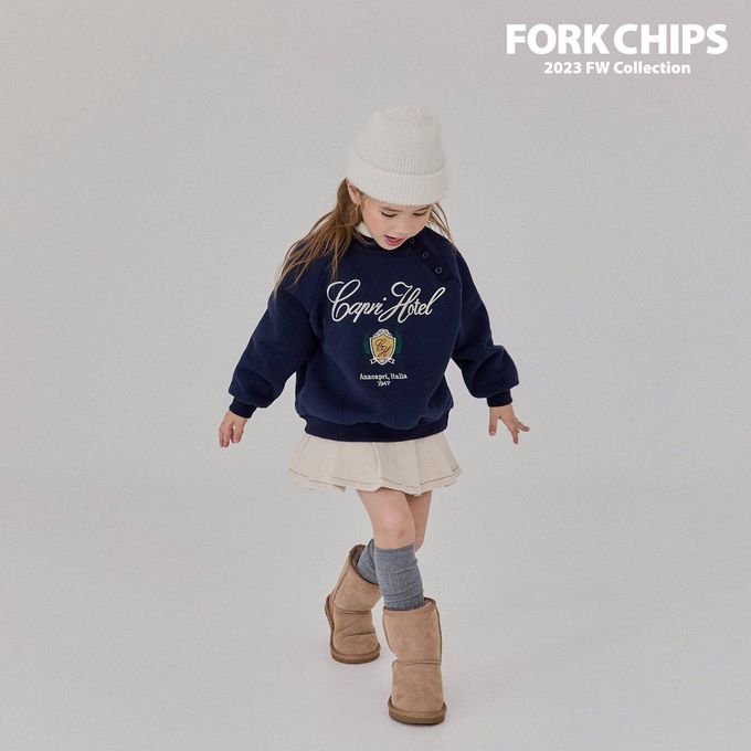 韓國 FORK CHIPS - (內磨毛)刺繡點綴圓領大學T-深藍