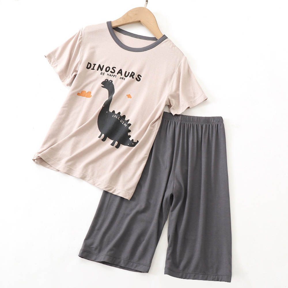 涼感莫代爾短袖套裝/家居服-恐龍-咖色