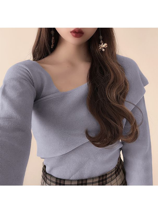 日本 GRL - 不對稱斜開一字領露肩針織長袖上衣-粉