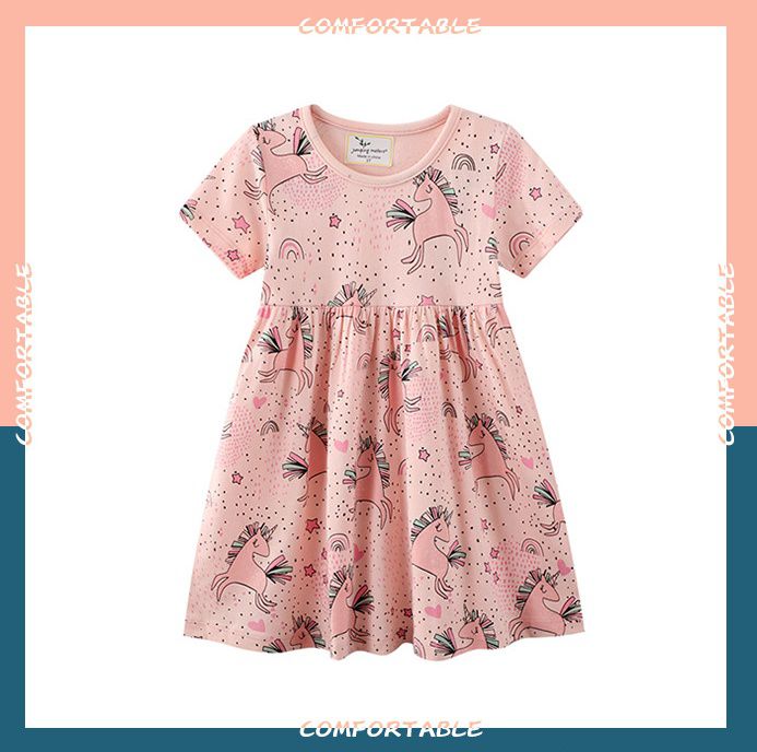 Jumping meters - 棉質圓領短袖洋裝-活潑獨角獸-粉色