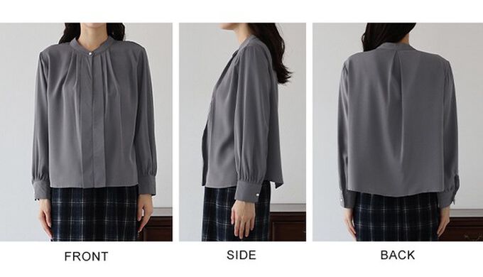 日本 BLUE EAST - 2way領知性整潔感打褶長袖上衣-珍珠袖扣-卡其杏