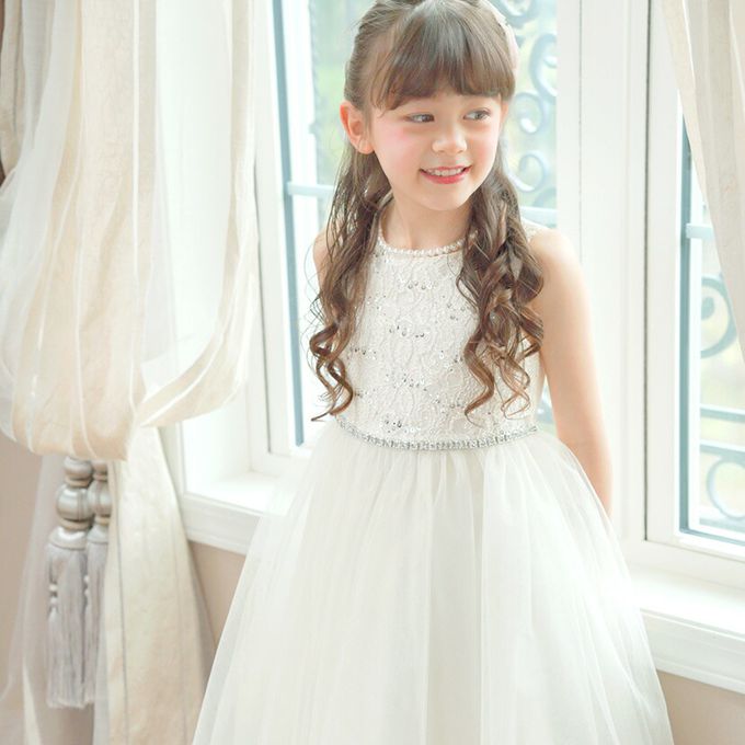 日本 Catherine Cottage - 腰鑽飾前蕾絲後緞面洋裝/小禮服-米白