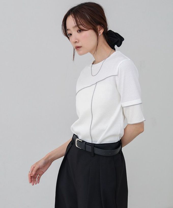 日本 Bab - 柔美線條羅紋異材質短袖上衣-卡其 (M)