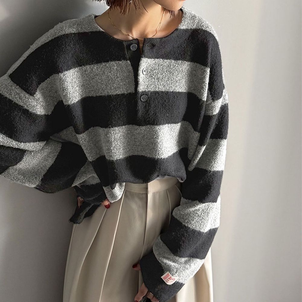 Java 率性亨利領寬鬆厚針織上衣-黑x灰