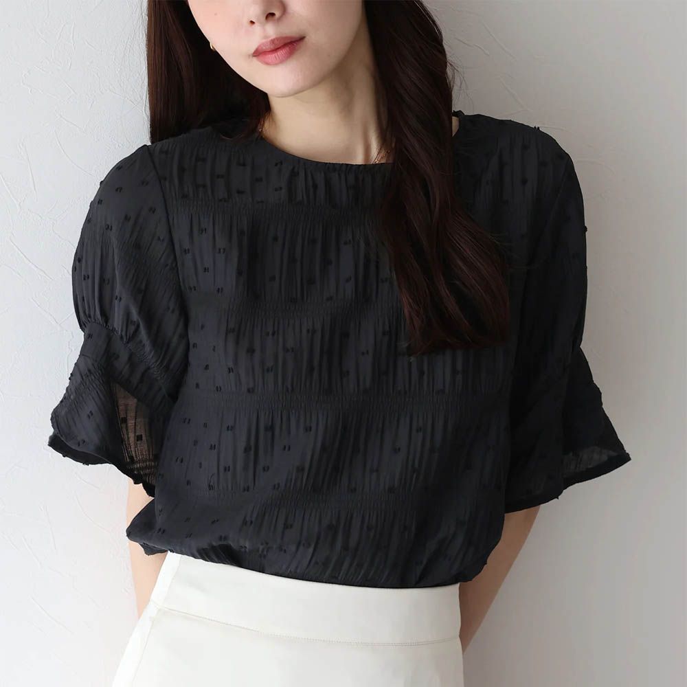 細緻圓點緹花透膚短袖上衣-黑