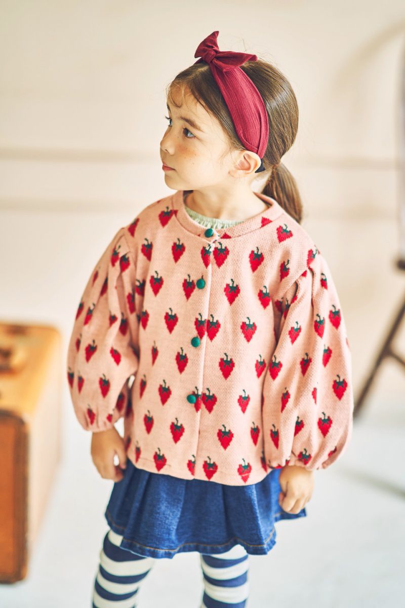 韓國 Mimico - 草莓泡泡袖針織外套-粉紅