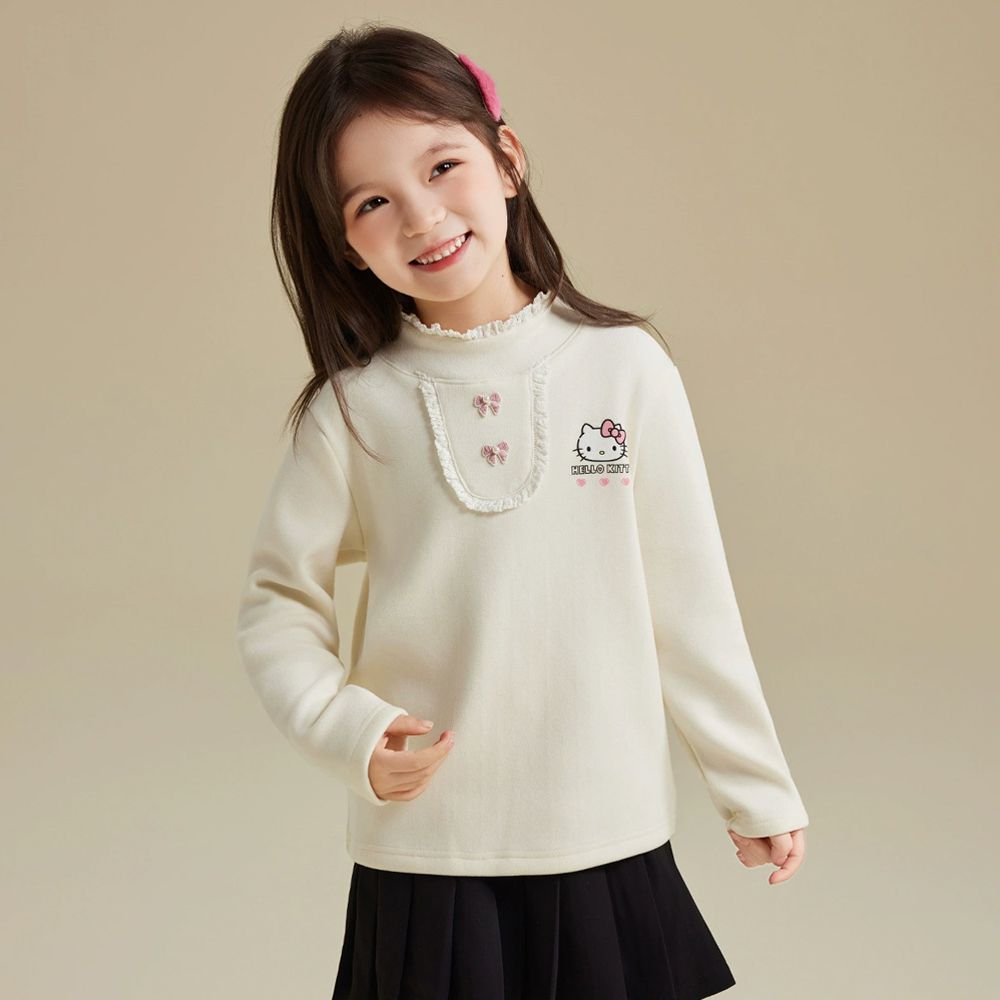 加絨半高領蕾絲花邊長袖上衣-卡通人物Hello Kitty-米杏