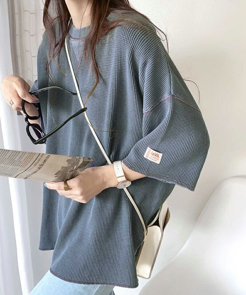 日本 Classical Elf - 2WAY華夫格落肩五分袖上衣-象牙杏