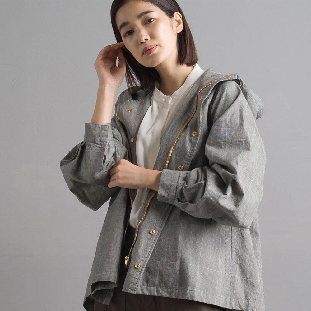 日本 OMNES - 【定番】純棉顯瘦前短後長復古寬鬆連帽外套-灰格紋 (F)