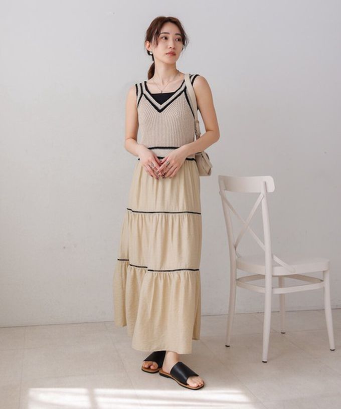 日本 Bab - 純棉針織拼接渡假風無袖洋裝-淺米杏