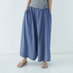 Yukié - 腰鬆緊百搭舒適寬褲-牛仔藍色