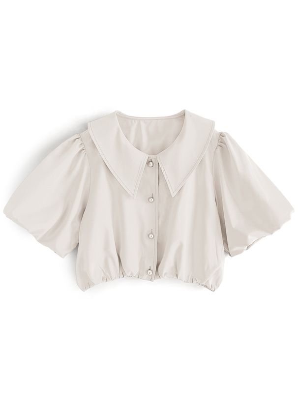 日本 GRL - 浪漫翻領珍珠釦泡泡袖襯衫-淺水藍 (F)