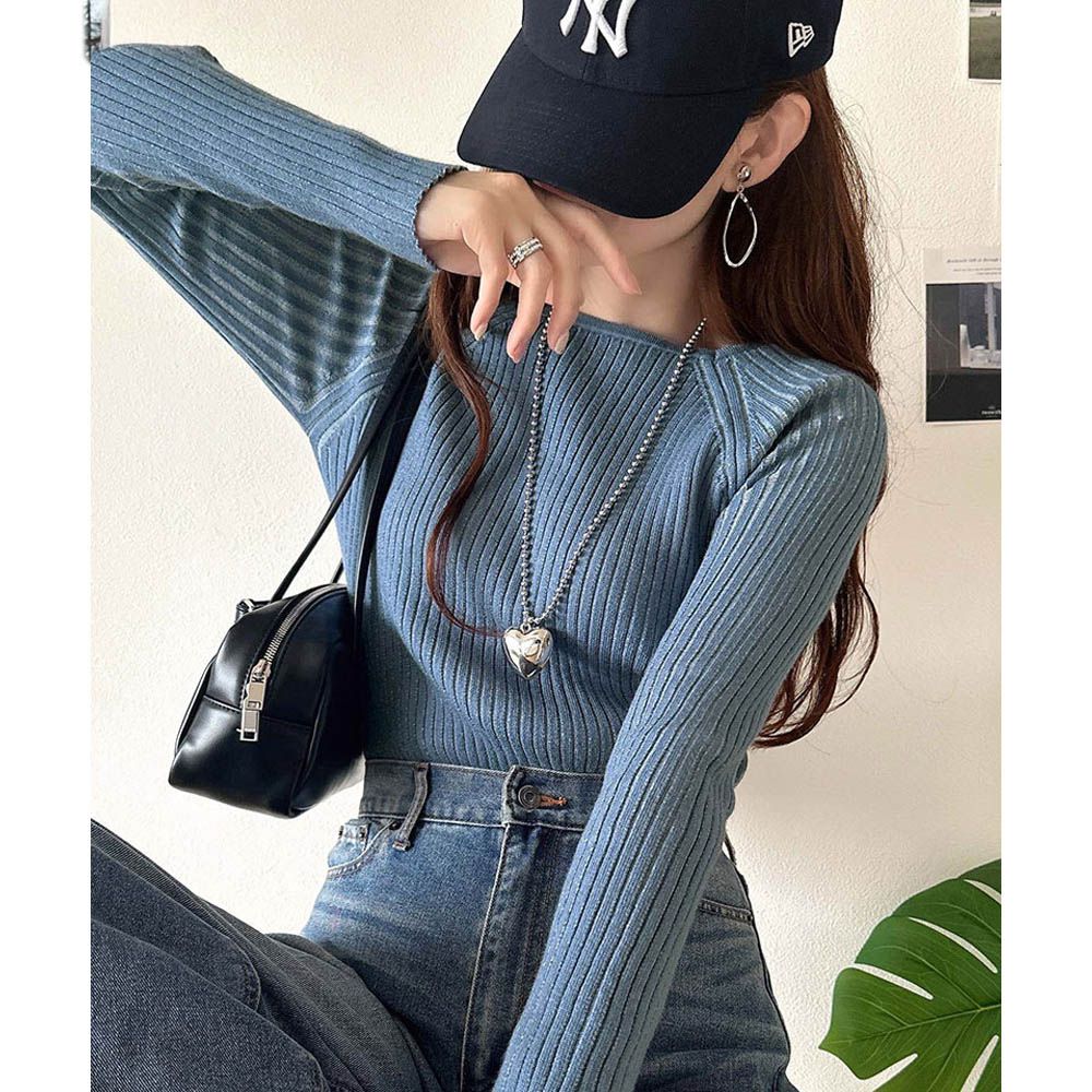 優雅羅紋合身針織長袖上衣-土耳其藍