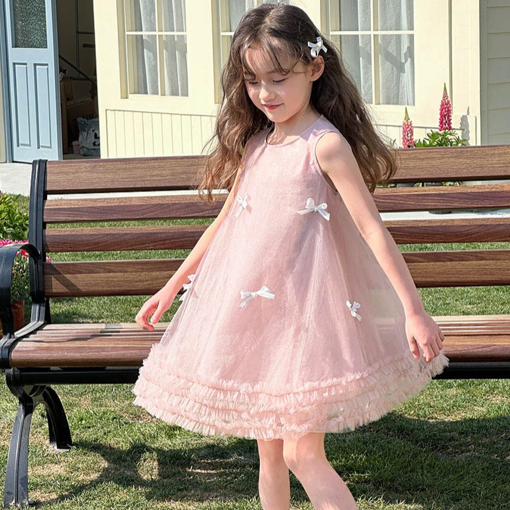 閃光紗裙無袖洋裝-蝴蝶結-粉色