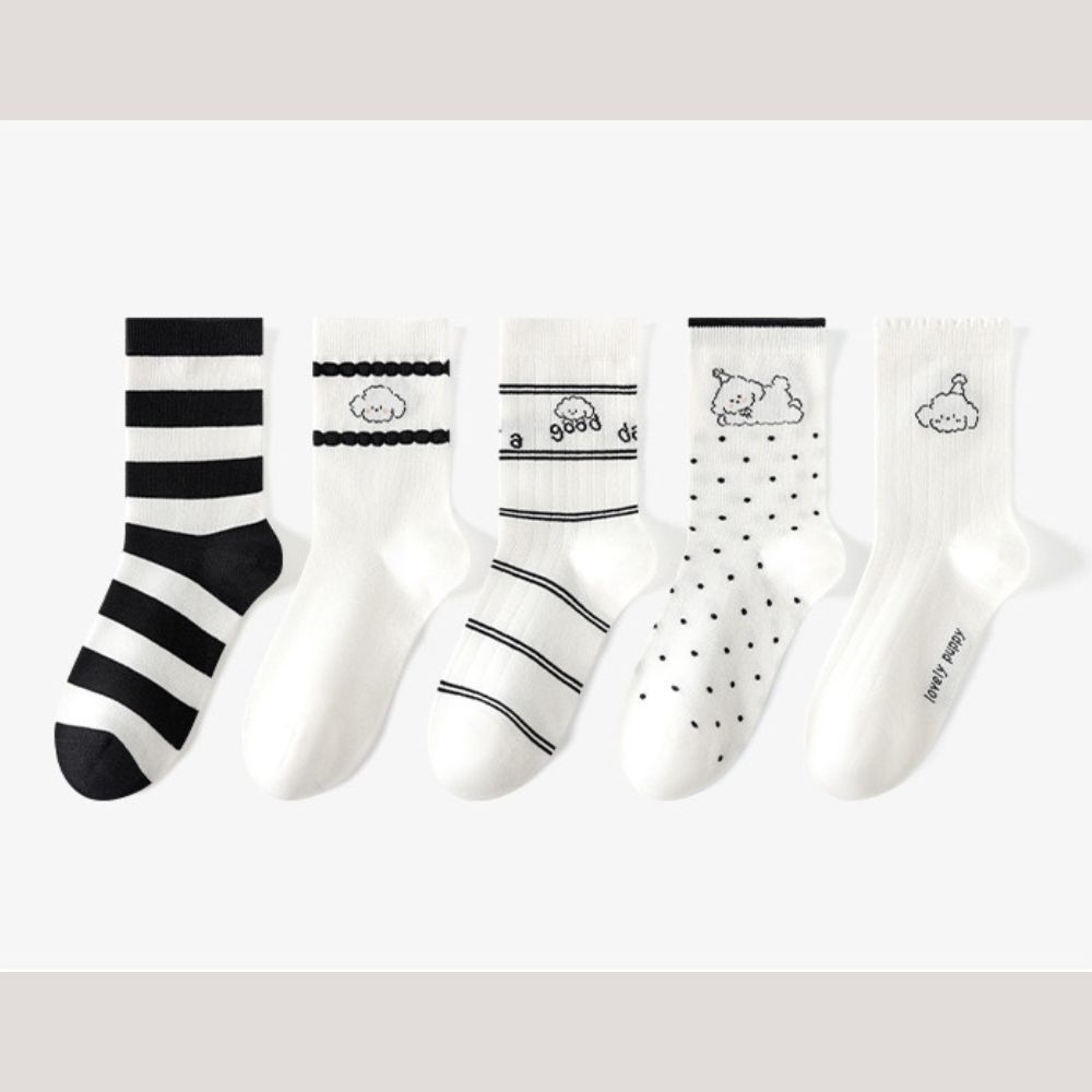黑白系線條狗中筒棉襪 (Free Size (腳長22 cm+))-5 雙一組