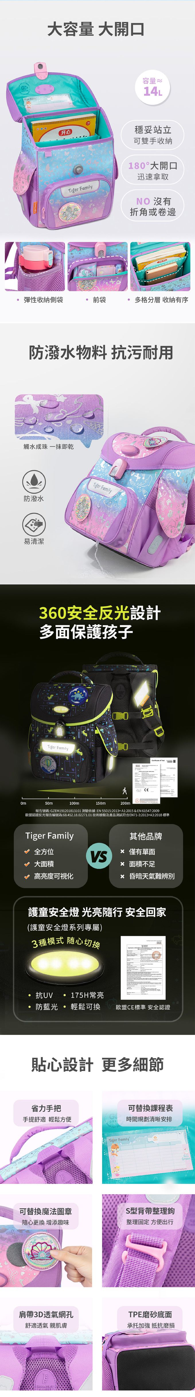 防潑水材質，抗汙耐用好清潔，360度安全反光設計，多面保護孩子，護童安全燈系列擁有三種燈光模式，可輕鬆切換
