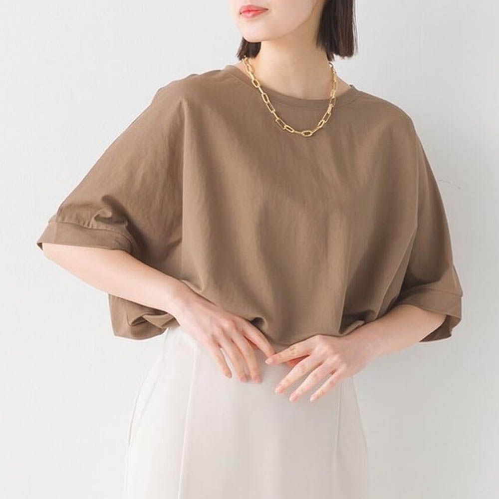 接觸涼感 嫘縈寬鬆短袖上衣-焦糖棕