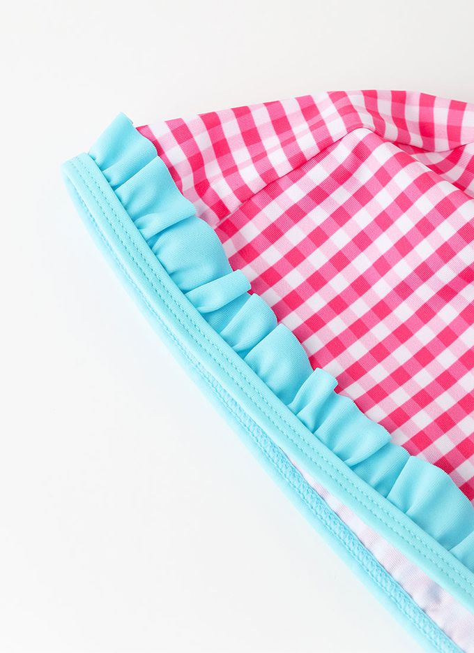 韓國 OZKIZ - 網格愛心印兒童泳裝/泳帽Set-桃粉X水藍