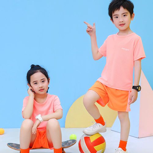 兒童速乾網眼短袖運動套裝-英文字母-橘粉色