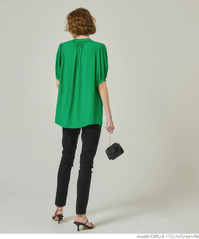 日本 COCA - 質感圓領泡泡短袖雪紡襯衫-白