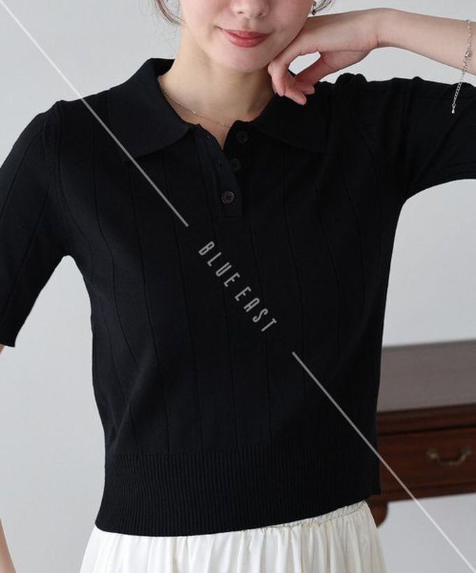 日本 BLUE EAST - 都會氣息寬羅紋針織短袖polo衫-黑