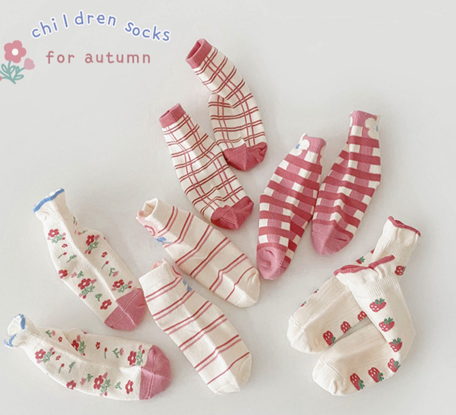 love, charlotte - 甜心草莓泡泡邊短筒棉襪-5 雙一組