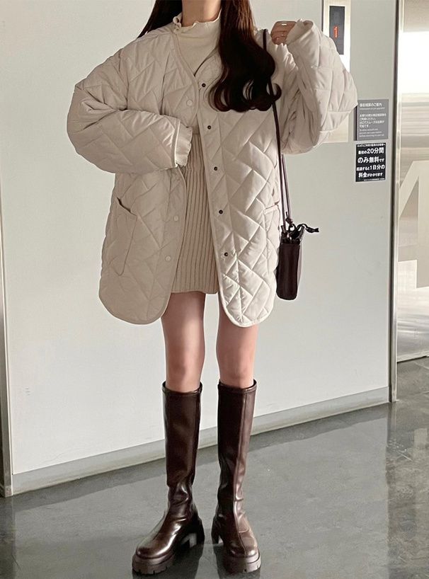 日本 GRL - 圓領寬鬆休閒絎縫夾克-象牙白