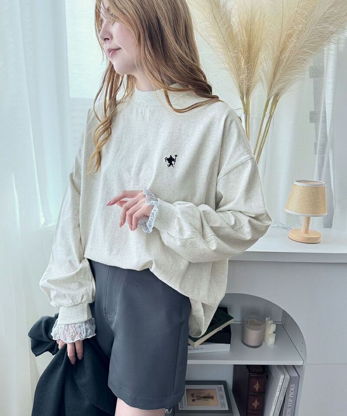 日本 Classical Elf - 百搭logo刺繡微立領長袖上衣-松石綠