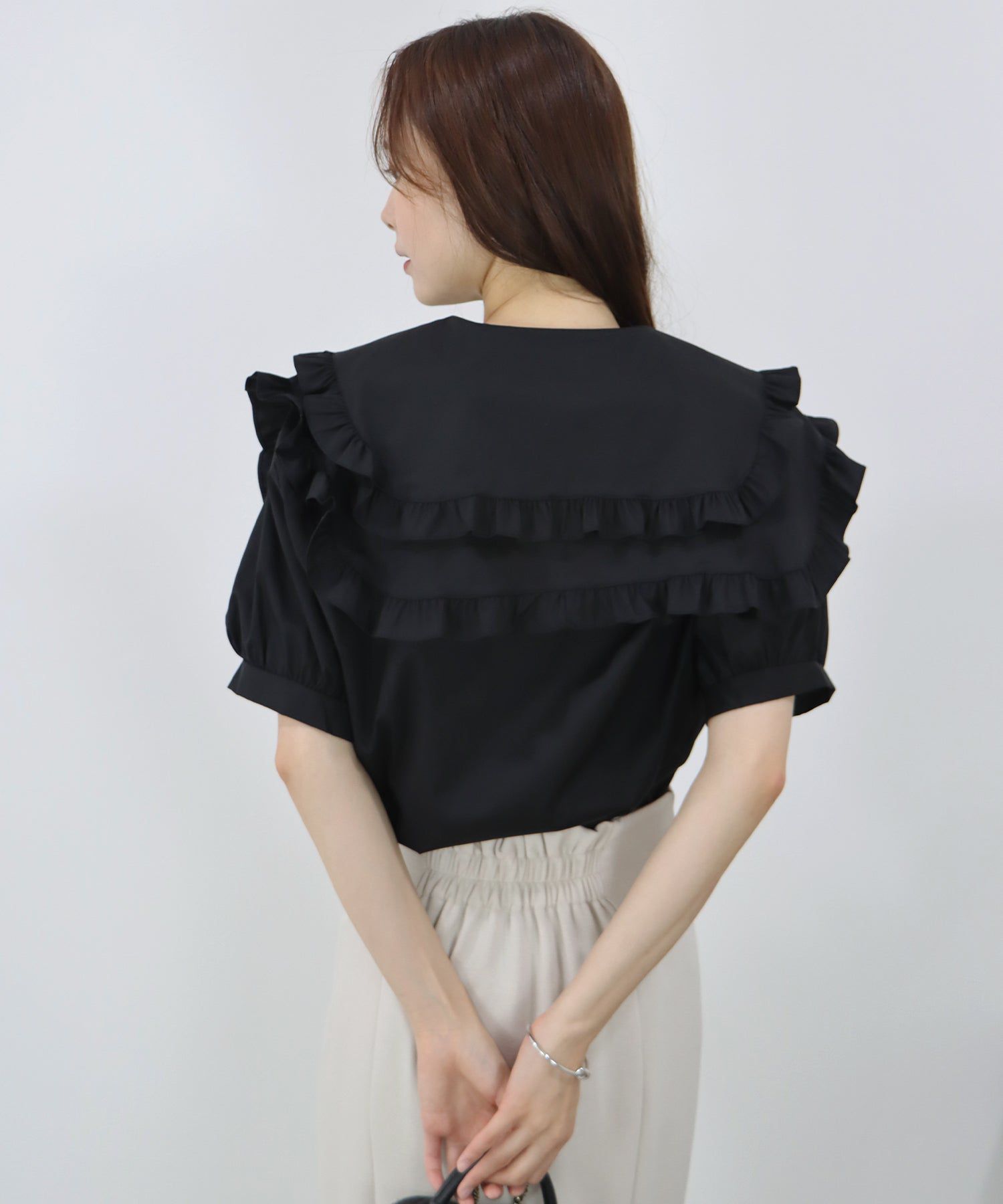 日本 BLUE EAST - 荷葉層次領泡泡短袖襯衫-條紋-水藍