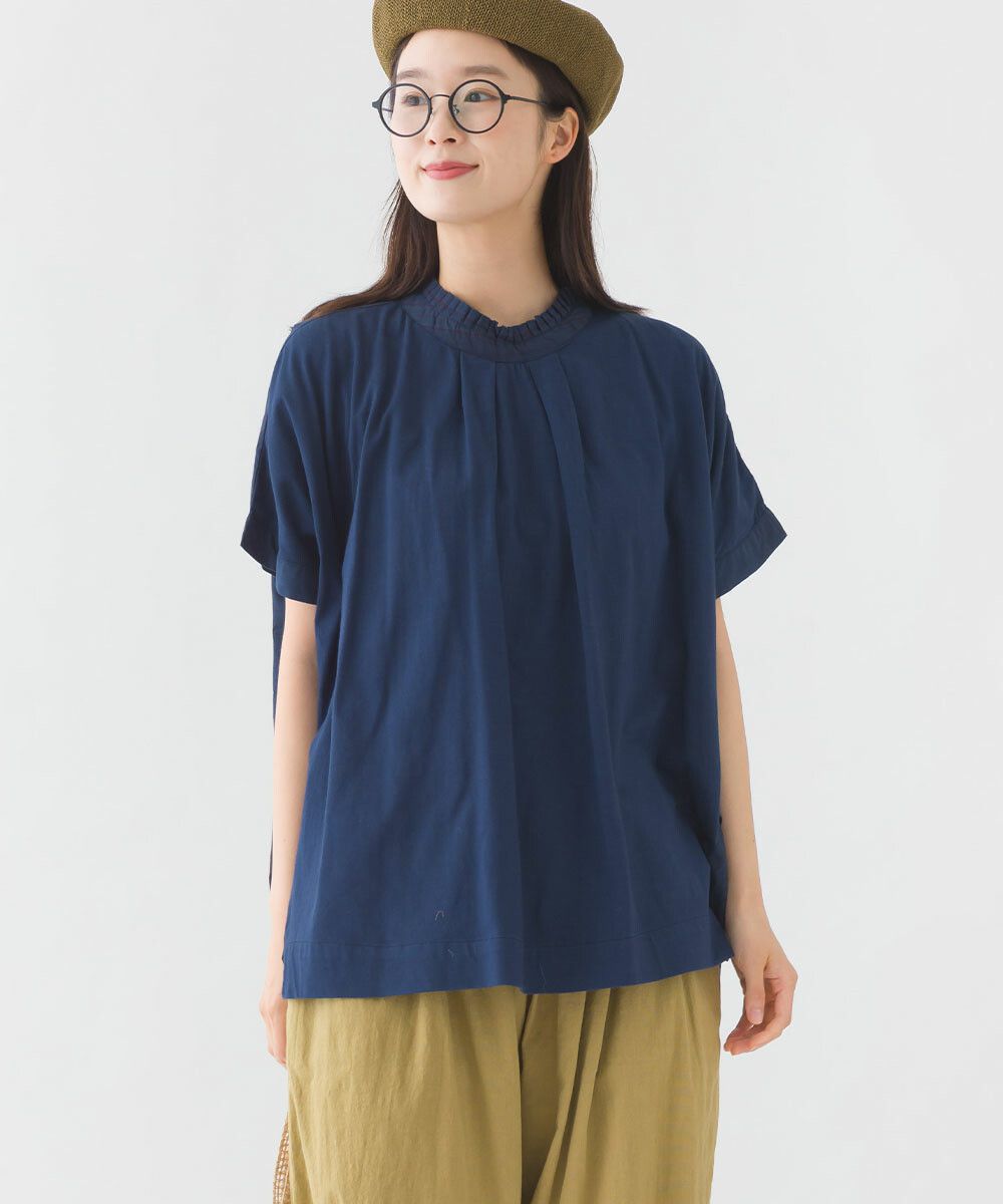 日本女裝代購 - 100%印度棉格紋拼接短袖上衣-深藍