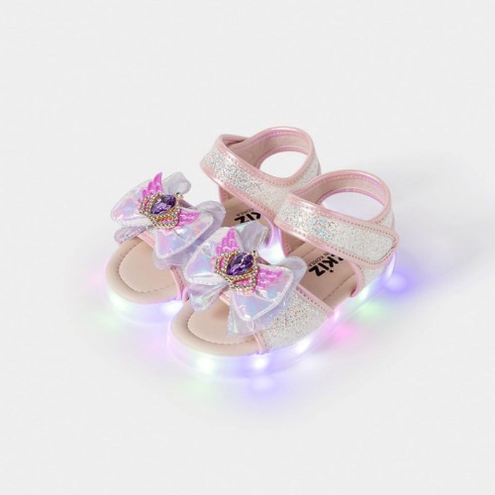 (LED)雙層蝴蝶結皇冠鑽裝飾銀閃涼鞋-粉X銀白