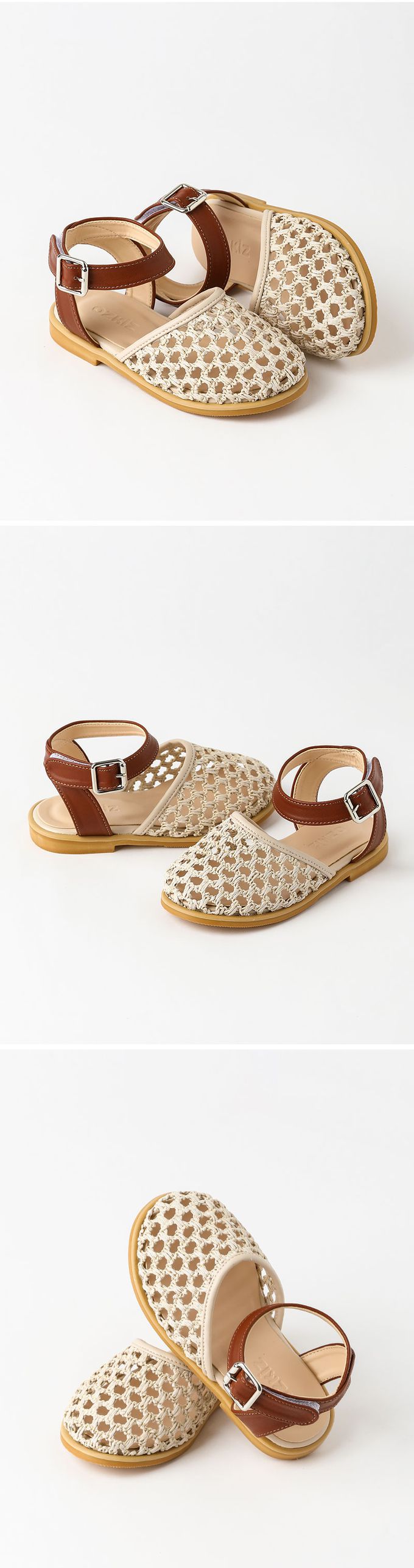 韓國 OZKIZ - 夏日編織鏤空平底涼鞋-米X咖