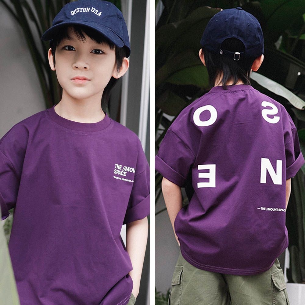 棉質圓領短袖上衣-簡約字母-紫色