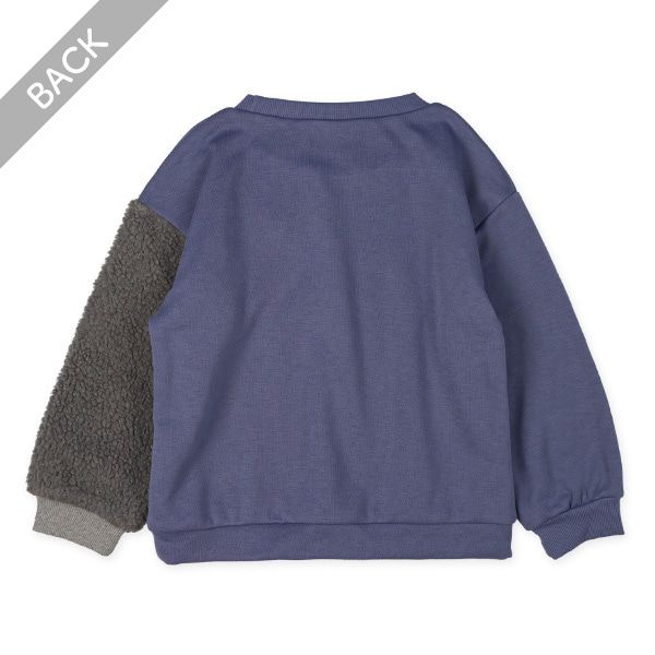 日本西松屋 - 刷毛圓領印花長袖上衣-恐龍拼接-灰藍