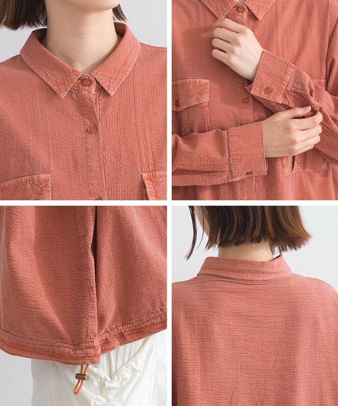 日本 Lupilien - 復古紋理率性抽繩純棉落肩襯衫-橘棕