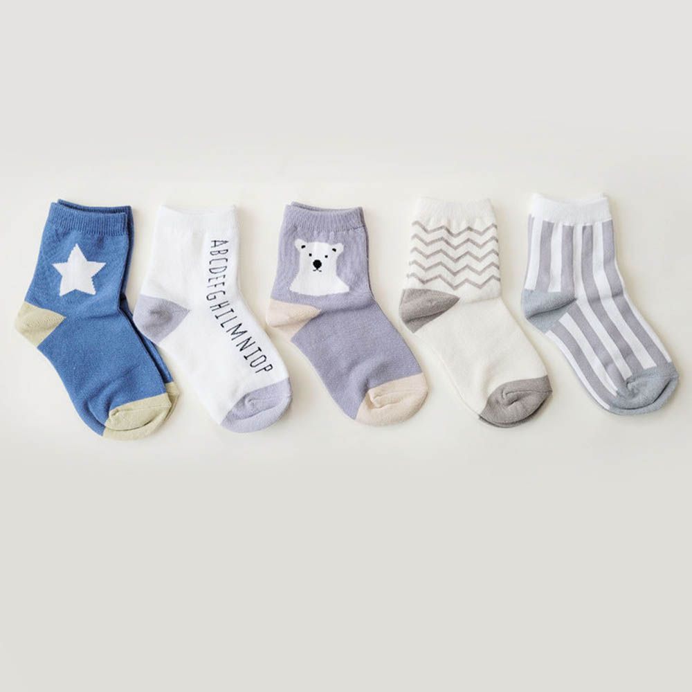 (五入組)韓製兒童中筒襪-大星星北極熊-灰X藍