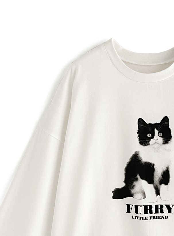 日本 GRL - 棉混圓領貓咪印花長T-賓士貓-白 (F)