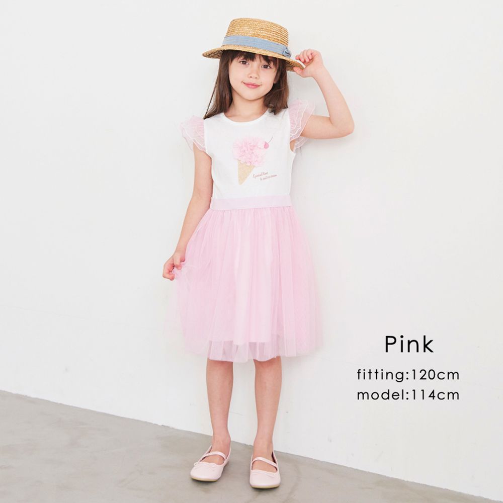 日本 evercloset - 絕美立體冰淇淋薄紗短袖洋裝-柔粉紅