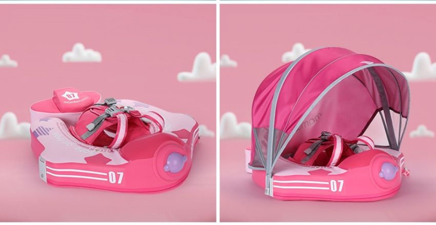 Mambobaby - 急速小飛機型免充氣游泳趴圈(附遮陽罩)-桃紅色