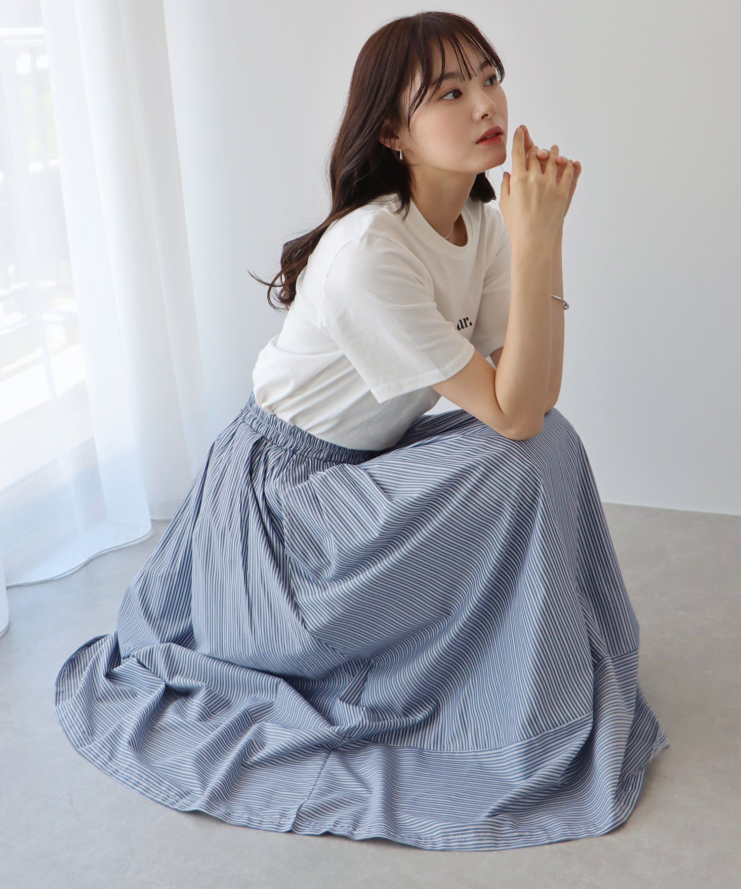 日本 BLUE EAST - 歐風質感條紋拼接修身長裙-綠x白