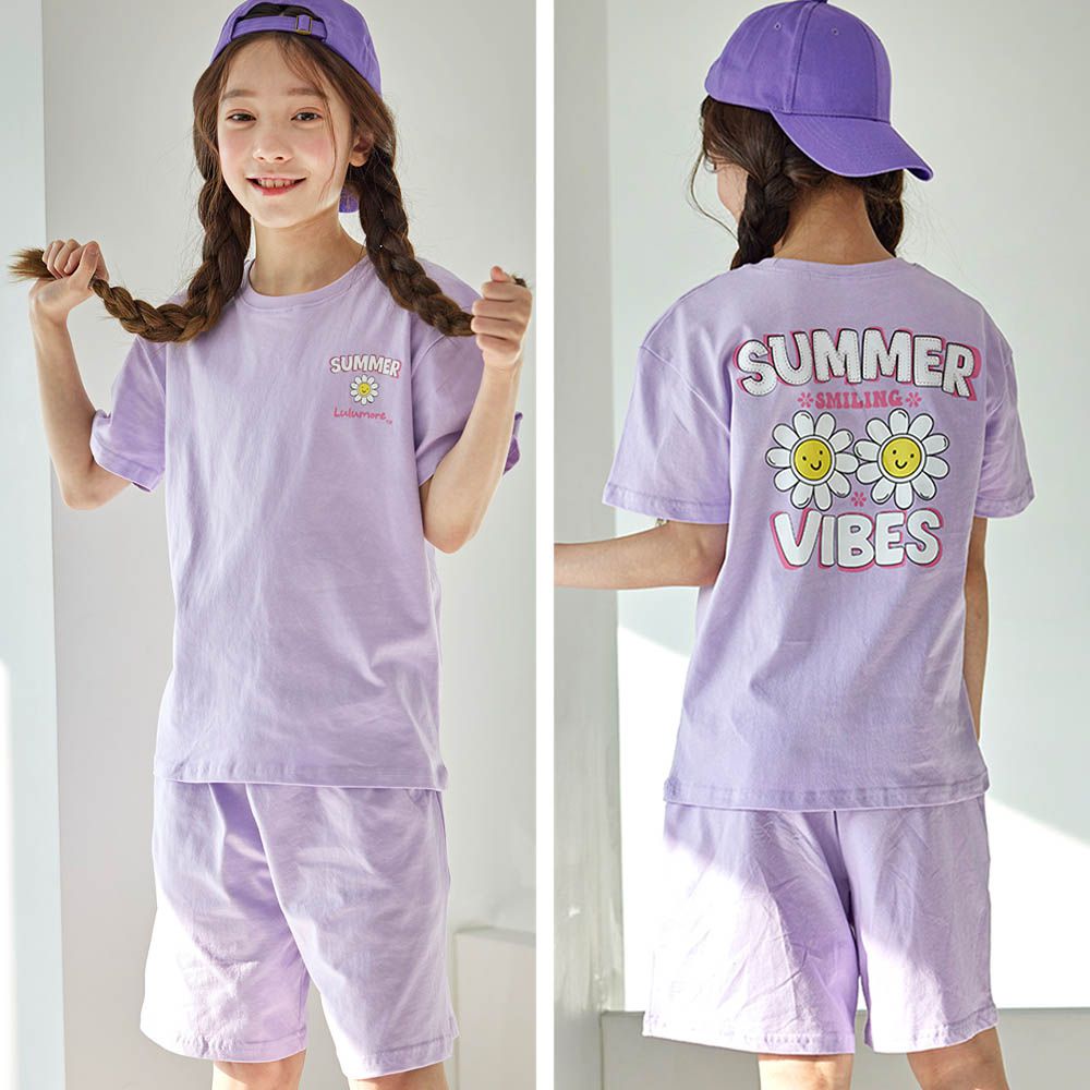 舒適純棉短袖套裝-笑臉小雛菊-薰衣草紫