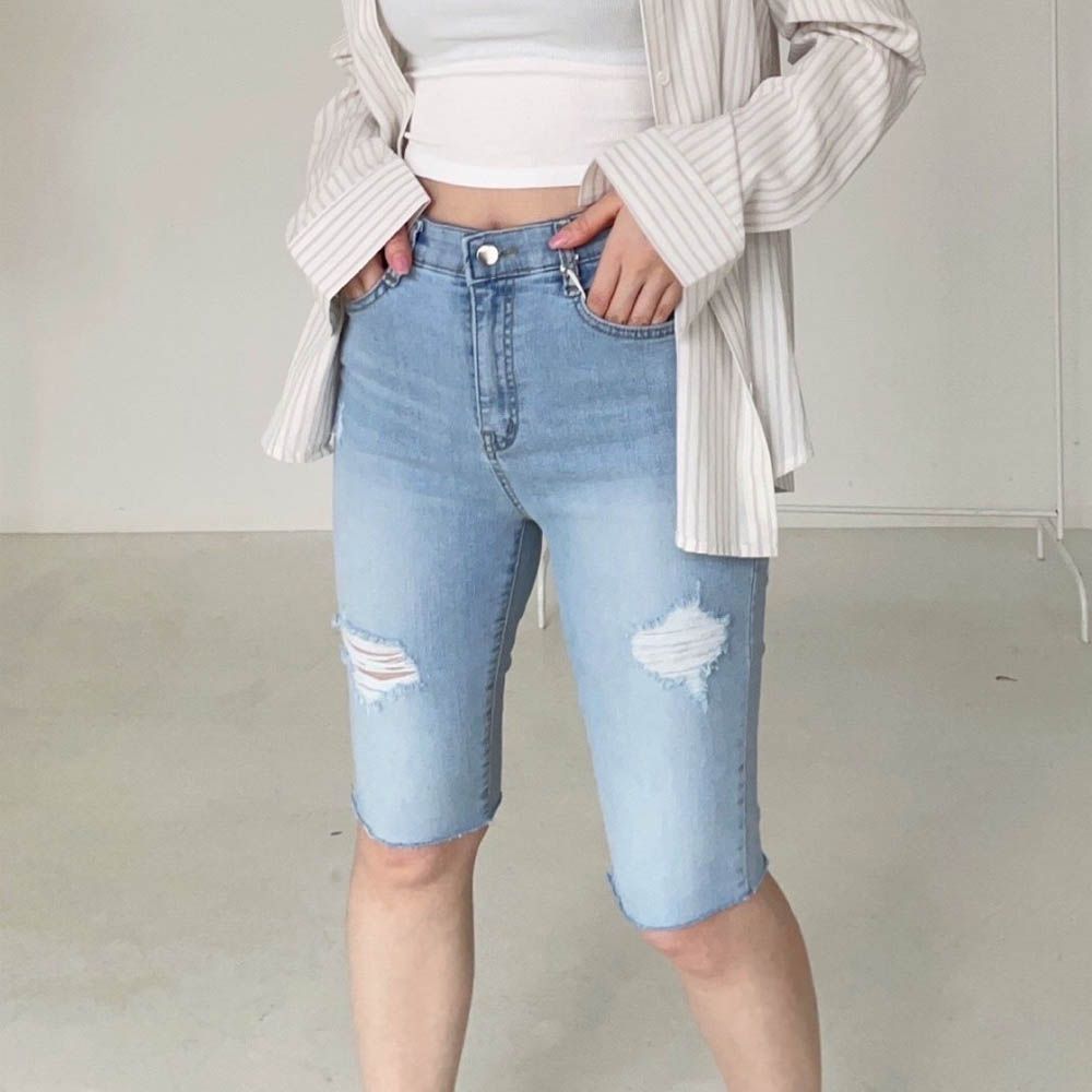 彈性腰刷破牛仔單車褲/貼腿褲-淺藍