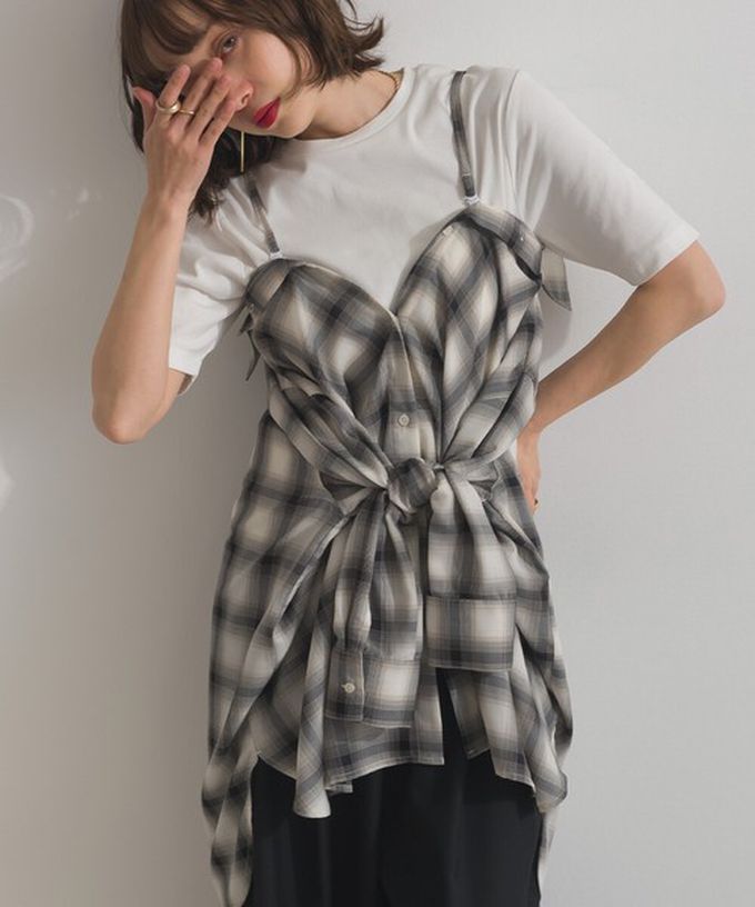 日本 ELENCARE DUE - 2way穿法輕盈透膚寬版薄襯衫-格紋-藍橘系