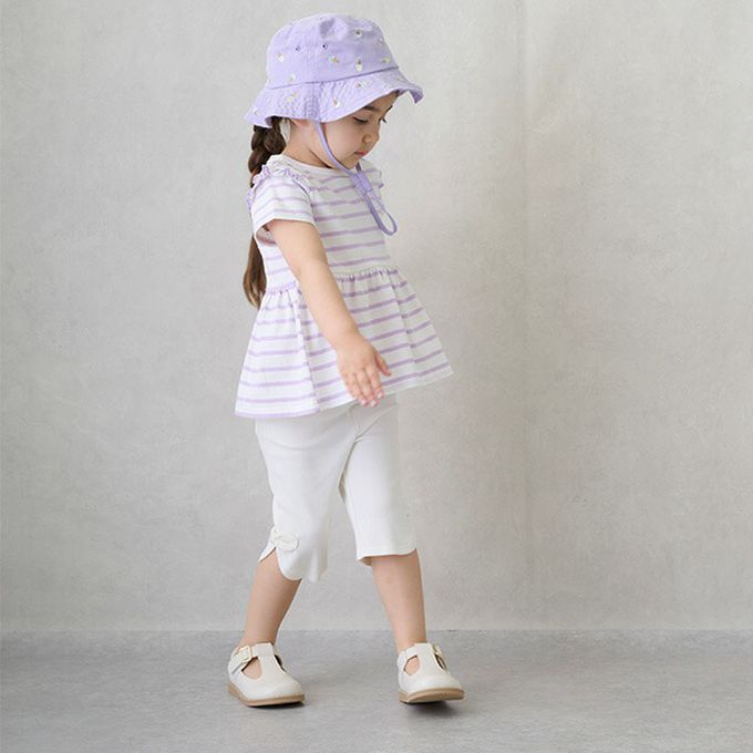 日本 petit main - 荷葉袖傘狀層次短袖上衣-花朵-淡橘