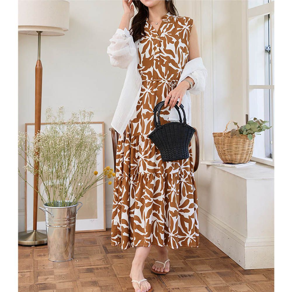 迷人渡假風純色印花無袖洋裝-棕 (F)
