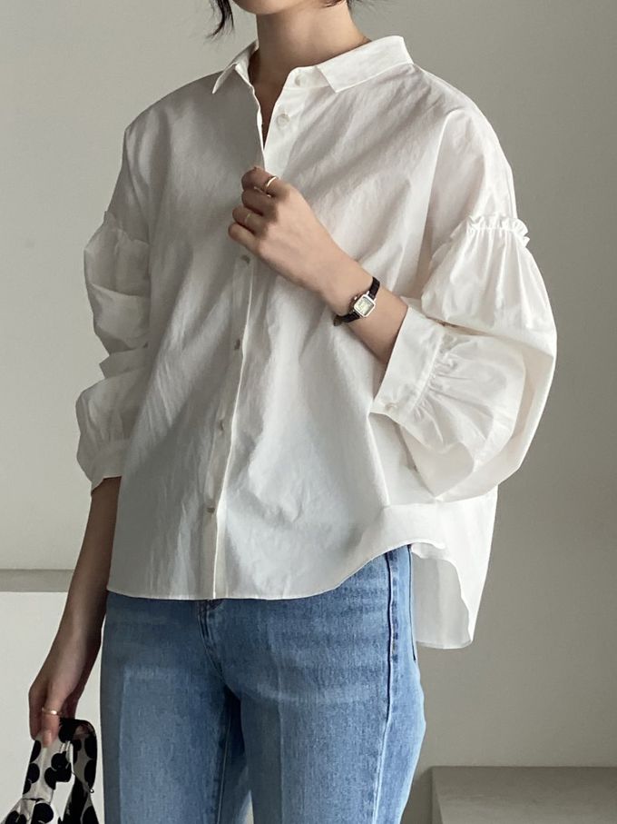 韓國女裝連線 - 極簡拼接翻領長袖襯衫-象牙白 (FREE)