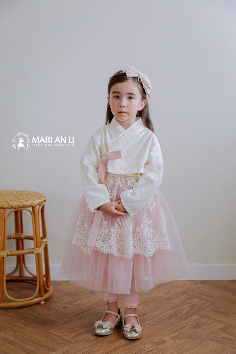 韓國 Mari an u - 透膚蕾絲裝飾網紗韓服-米白X粉紅